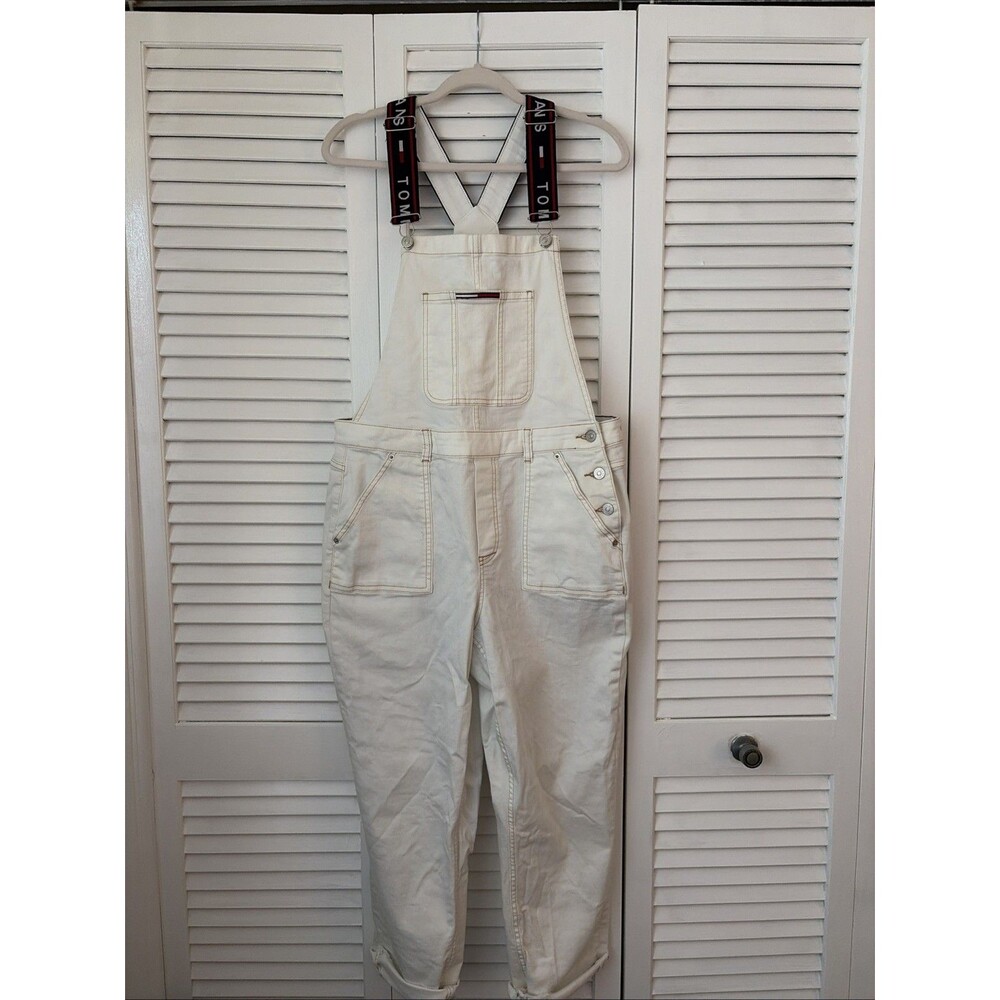 Pre Owned Tommy Hilfiger White Logo  Denim Overalls flag white women's 14